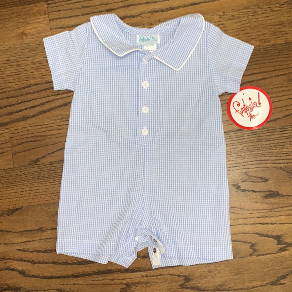 NWT Funtasia Too Dallas Seersucker Blue Collared Romper, 24 Months